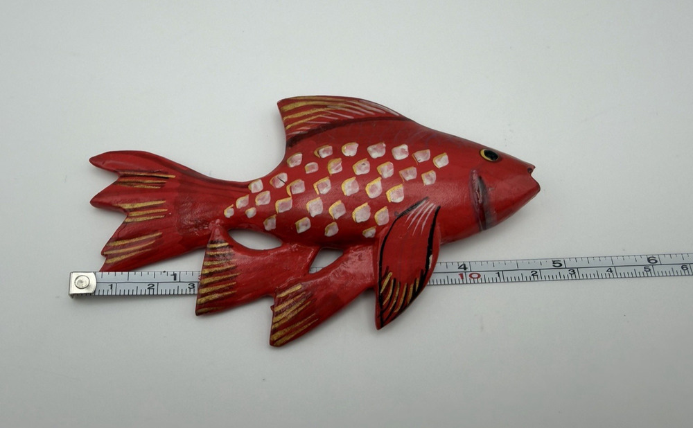 Wooden Hand Carved Tropical Fish Magnet Red Hand Painted 5" Refrigerator Magnet